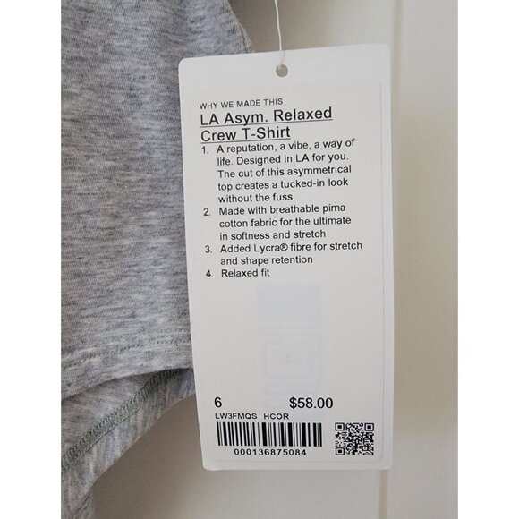 NWT Lululemon LA Asymmetrical Relaxed Crew Heathered Gray T-Shirt Women's Sz 6 - Picture 5 of 5